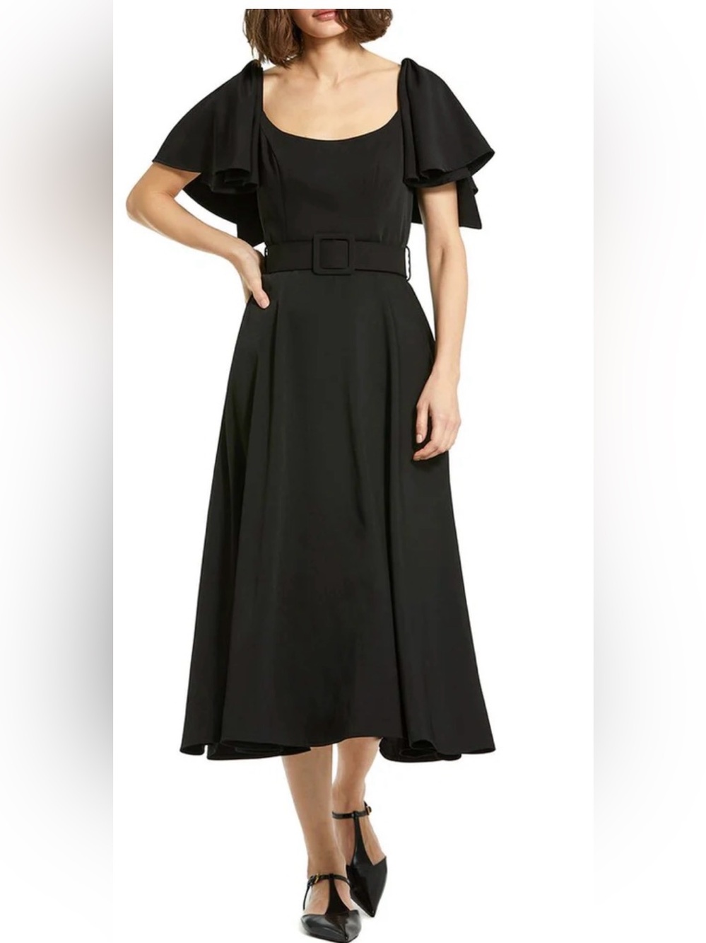 Mac Duggal Black Flutter-Sleeve Midi Dress with Belt